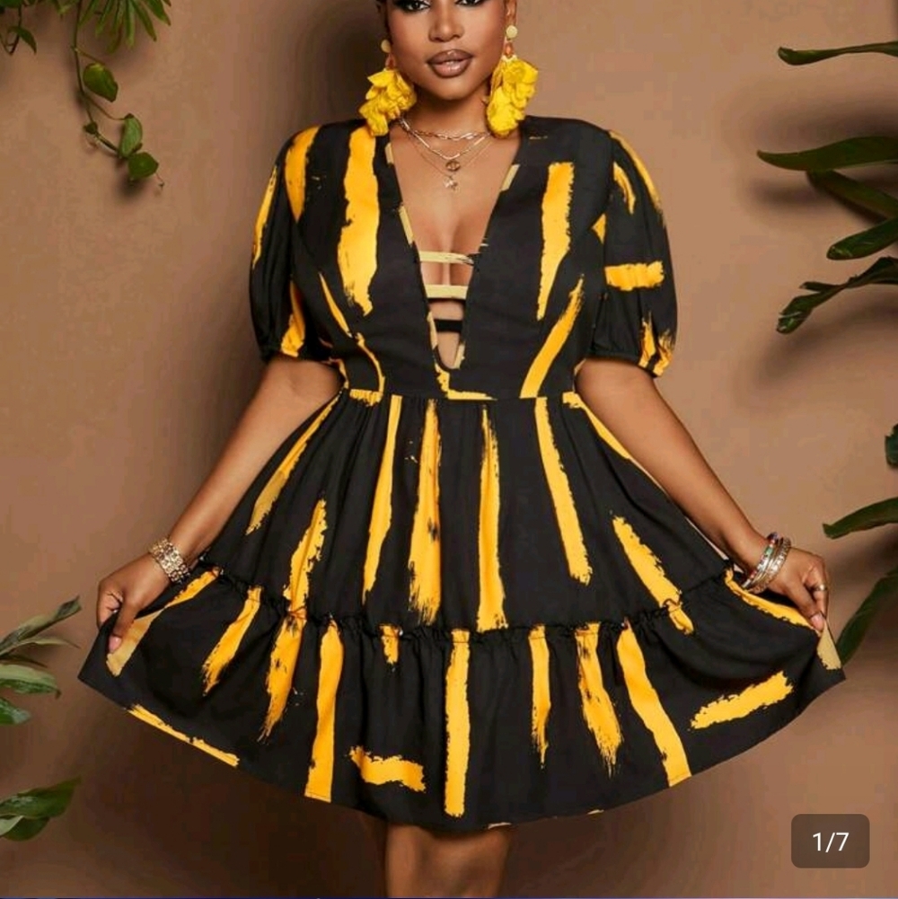 Shein Black & Yellow Striped V-Neck Short Dress 1XL - Picture 3 of 11